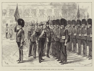 El emperador alemán inspeccionando a los guardias escoceses, después de su llegada al castillo de Windsor de Melton Prior
